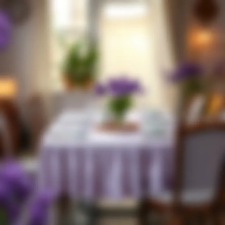 Casual dining setting featuring lavender rosette tablecloth