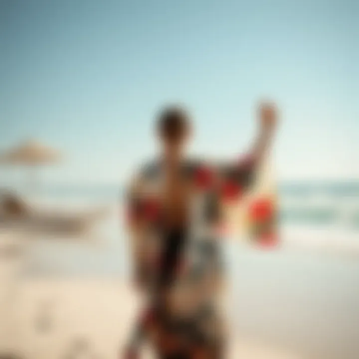 Stylish Silk Kimono at the Beach A serene beach scene with a person wearing a stylish silk kimono, enjoying the sun