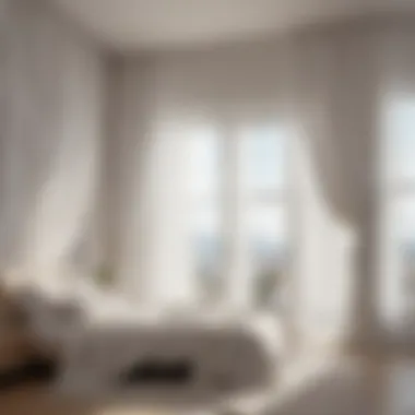 Calming Bedroom with Sheer Curtains A serene bedroom featuring white sheer curtains, enhancing a calming atmosphere