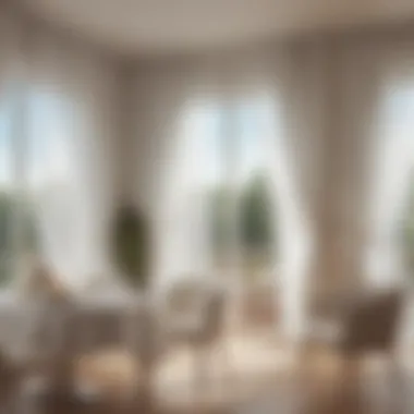Inviting Dining Area with Sheer Drapes Stylish dining area with white sheer curtains, creating an inviting ambiance