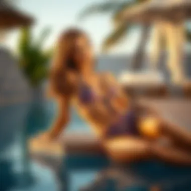 Stylish poolside lounging with a model wearing a paisley bikini