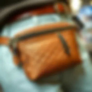 A close-up of a cash belt bag with intricate detailing