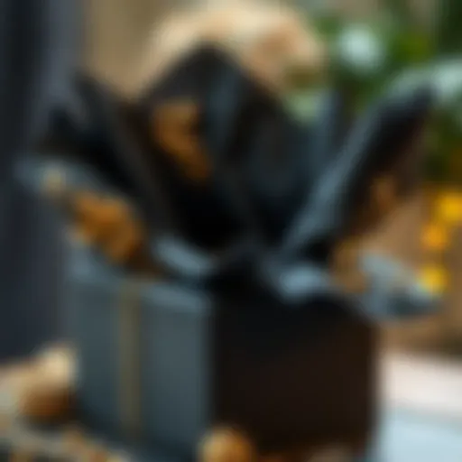 Artful Presentation with Black Tissue Paper Elegant black tissue wrapping paper adorned with delicate gold accents displayed artfully in a stylish gift box.