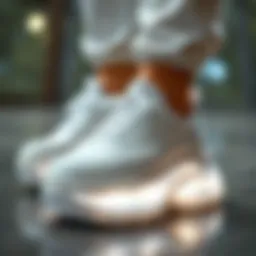 A close-up view of thick sole white sneakers showcasing their modern design.