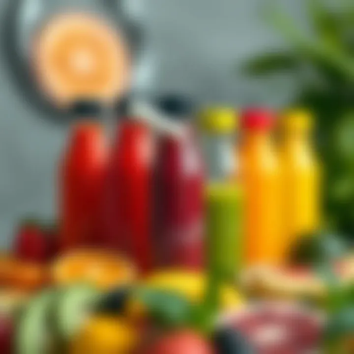 Vibrant Juices in Reusable Bottles An array of vibrant fruit juices in small reusable bottles, emphasizing health benefits