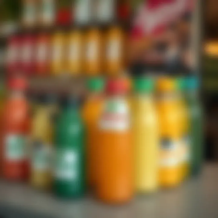 Promoting Sustainability with Reusable Bottles Display of small reusable juice bottles promoting sustainability and waste reduction