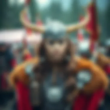 A vibrant Viking-inspired costume with detailed accessories