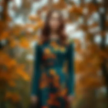 Fashion Meets Nature: Autumn Elegance Fashionable autumn dress with foliage background