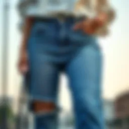 An elegant pair of frayed hem jeans styled with a chic blouse.