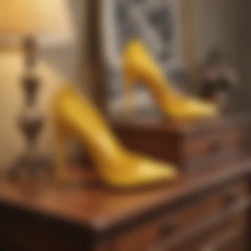 Elegant display of yellow high heel pumps on a vintage dresser