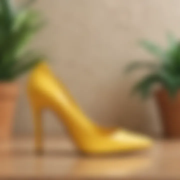 Sustainable yellow high heel pumps displayed with eco-friendly accessories