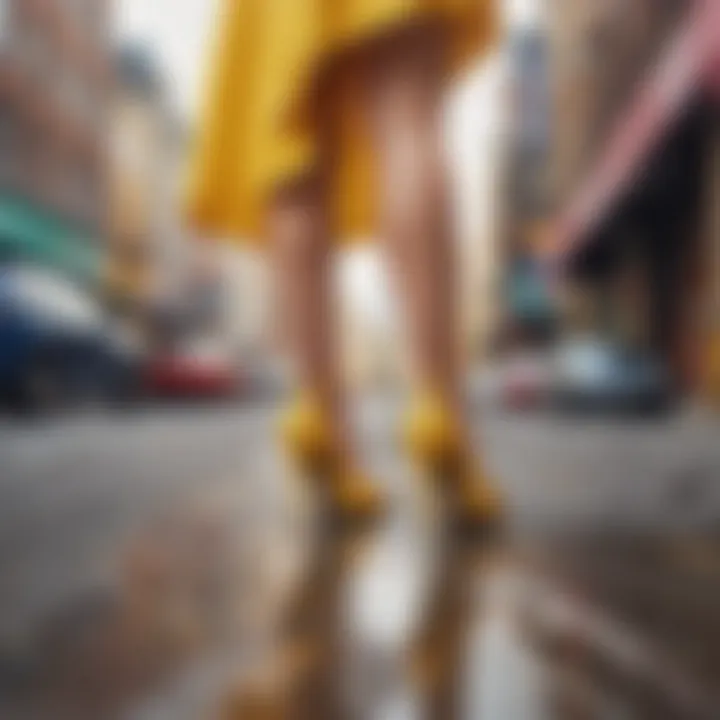 Close-up of yellow high heel pumps against a vibrant urban backdrop