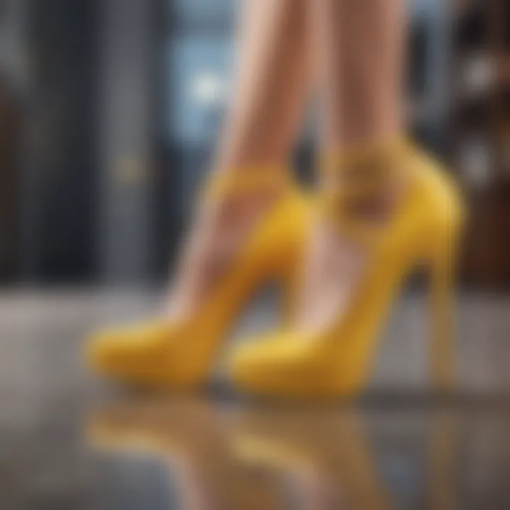 Fashionable pairing of yellow high heel pumps with a casual outfit