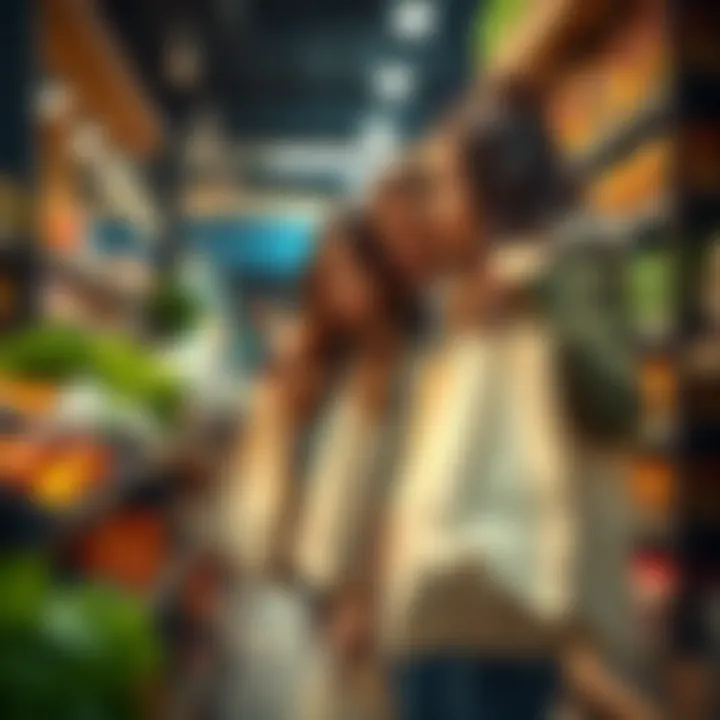 A family using reusable bags during grocery shopping