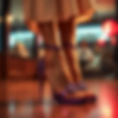 Fashion-Forward Ensemble with Purple Heels A fashion-forward outfit featuring purple sparkly heels paired with a stylish dress