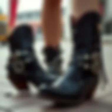 A fashion-forward look featuring gothic cowgirl boots paired with edgy accessories