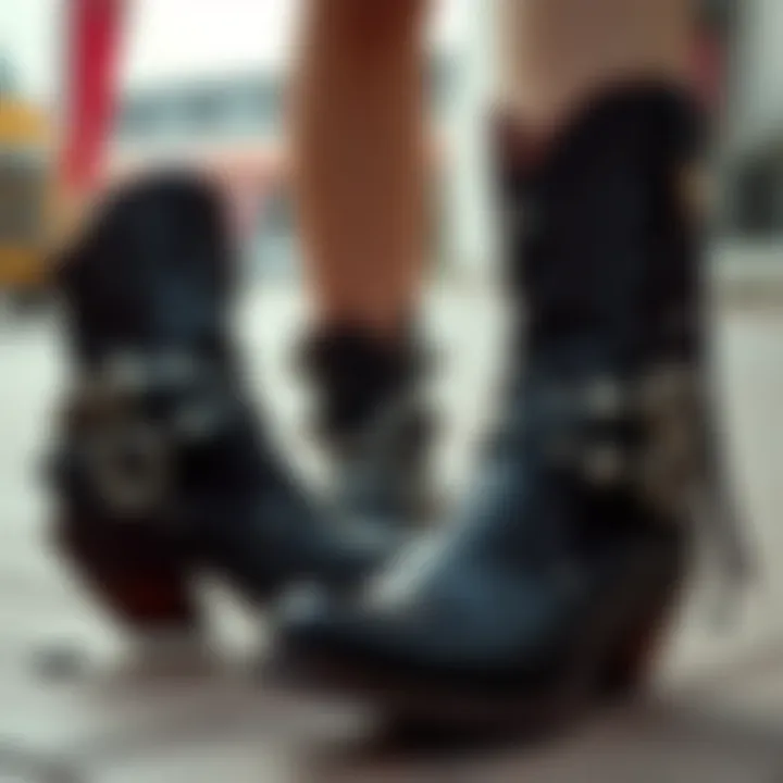 A fashion-forward look featuring gothic cowgirl boots paired with edgy accessories