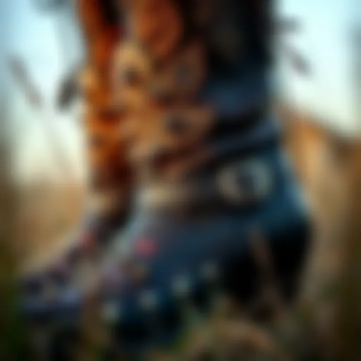 A close-up view of gothic cowgirl boots featuring intricate embroidery and spikes