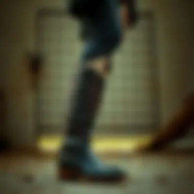 An elegant outfit styled with gothic cowgirl boots against a rustic backdrop