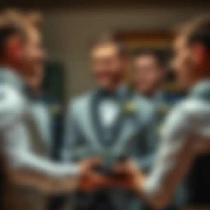 Creating Memorable Moments with Groomsmen Gifts A groom sharing a moment with his groomsmen while showcasing their gifts