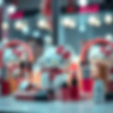 Hello Kitty Mirrors in the Fashion Landscape An artistic arrangement of Hello Kitty makeup mirrors surrounded by beauty products, highlighting their role in the fashion industry.