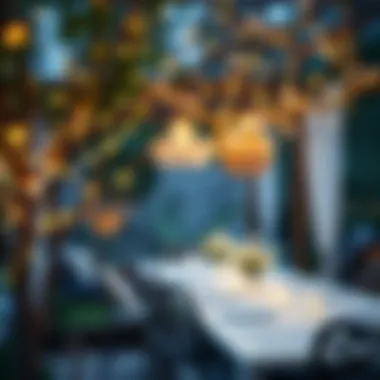 Serene Outdoor Setting with Adorned Branches A serene outdoor setting with branches adorned in soft lights