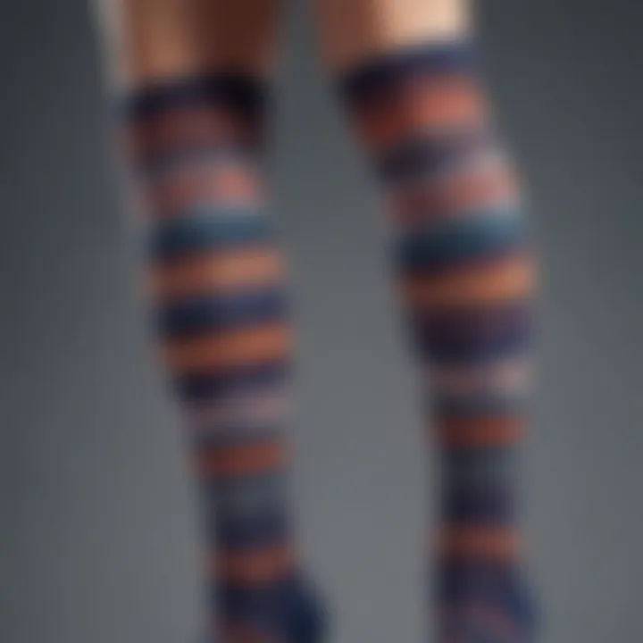 A close-up of vibrant knitted over the knee socks showcasing intricate patterns