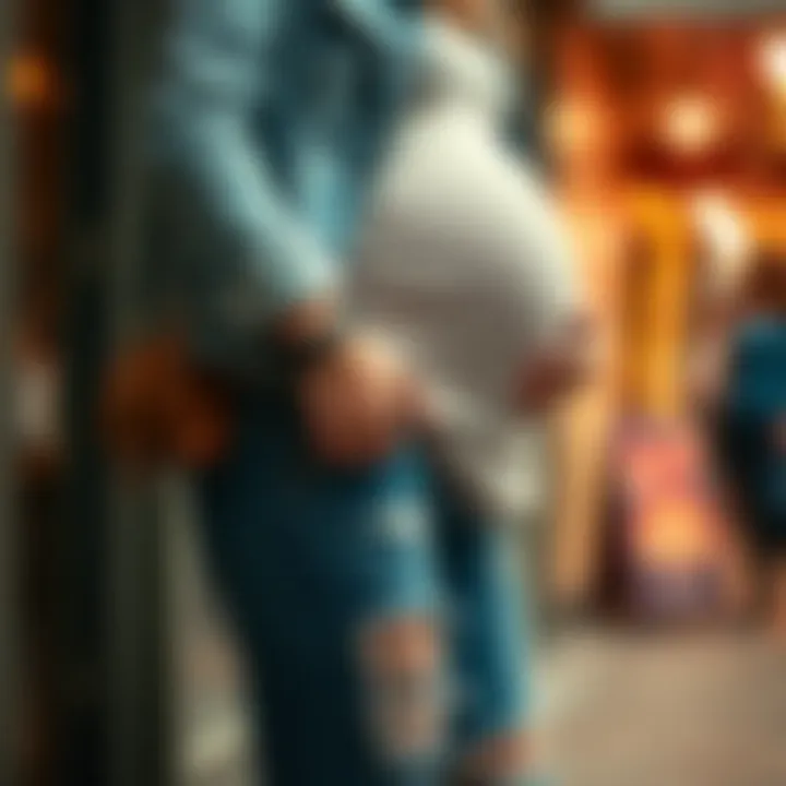 Expecting mother accessorizing with maternity ripped skinny jeans