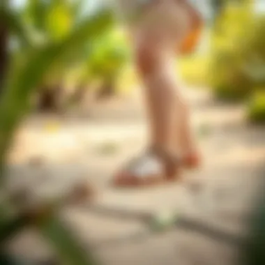 A serene outdoor setting with a baby wearing barefoot sandals