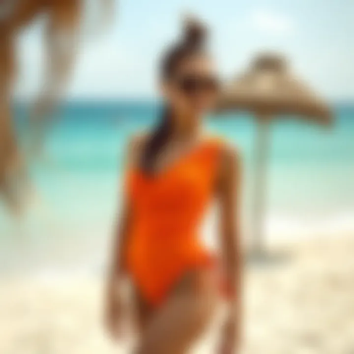 Stylish Beachside Display of the Orange One Shoulder Swimsuit Elegant orange one shoulder swimsuit showcased on a sandy beach