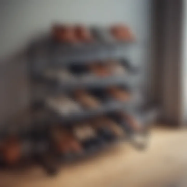 Organized shoe rack displaying various footwear in stylish arrangement