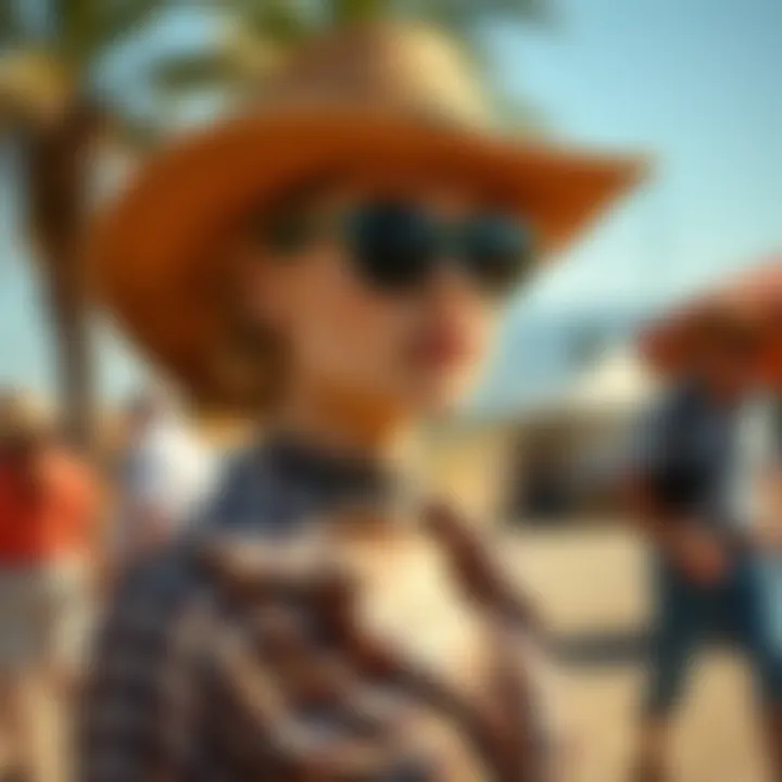 Fashionable outdoor scene featuring a cowboy sun hat