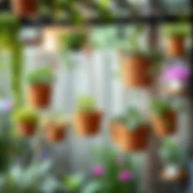 Outdoor Plant Display Using Screw Hooks Outdoor garden featuring plants suspended from screw hooks