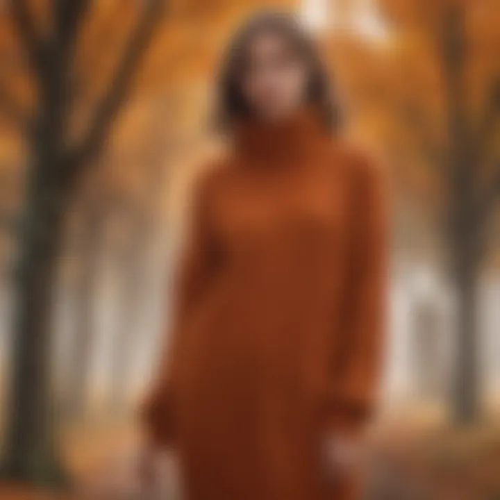 A stylish oversized turtleneck sweater dress in a cozy fall setting