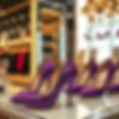 Chic Display of Purple Sparkly Heels Elegant purple sparkly heels showcased in an upscale boutique setting
