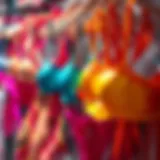 A vibrant display of shiny bikinis hanging on a clothing rack