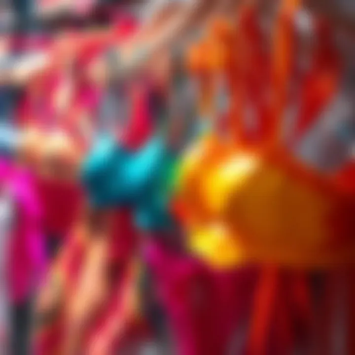 Vibrant Shiny Bikinis Collection A vibrant display of shiny bikinis hanging on a clothing rack