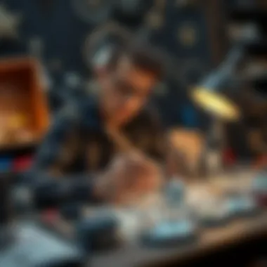 An artist immersed in creating a Starry Night diamond art piece, surrounded by tools and materials