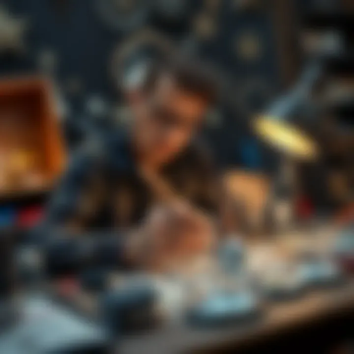 An artist immersed in creating a Starry Night diamond art piece, surrounded by tools and materials