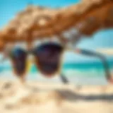 Stylish sunshade sunglasses on a vibrant beach background