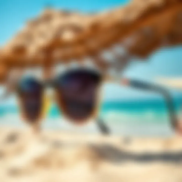 Chic Sunshade Sunglasses on the Beach Stylish sunshade sunglasses on a vibrant beach background