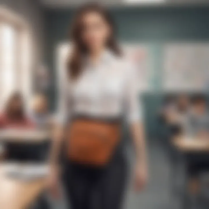 A fashionable teacher wearing a waist pouch that complements their outfit in a classroom.