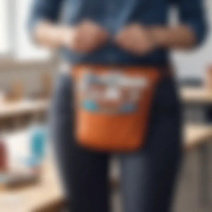 A teacher organizing supplies in a waist pouch during a classroom activity.