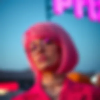 A fashionable individual wearing a pink wig, exuding confidence and personal style.