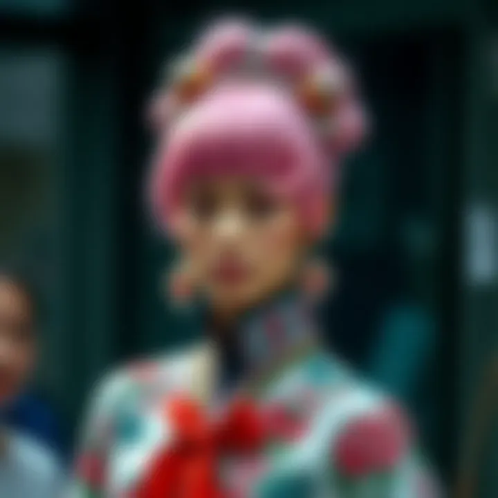 An artistic representation of cultural influences on pink wig fashion, blending traditional and modern elements.