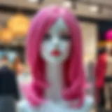 A vibrant pink wig displayed on a stylish mannequin, showcasing its texture and color.
