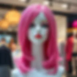 A vibrant pink wig displayed on a stylish mannequin, showcasing its texture and color.
