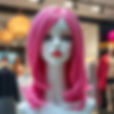 A vibrant pink wig displayed on a stylish mannequin, showcasing its texture and color.