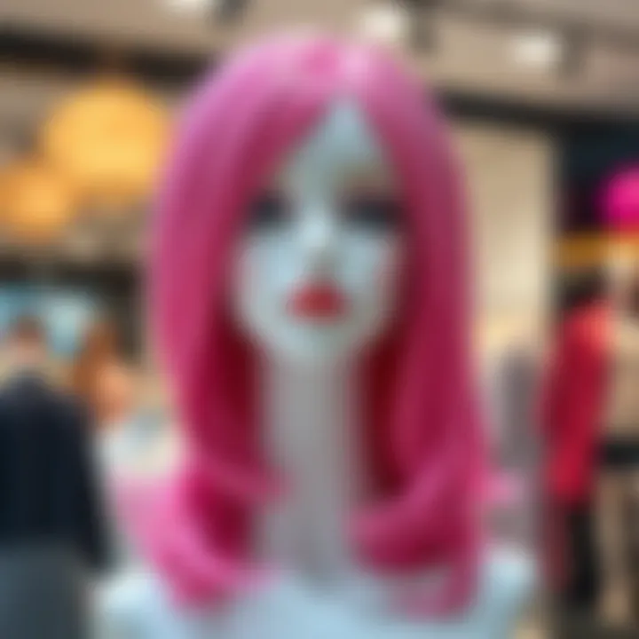 A vibrant pink wig displayed on a stylish mannequin, showcasing its texture and color.