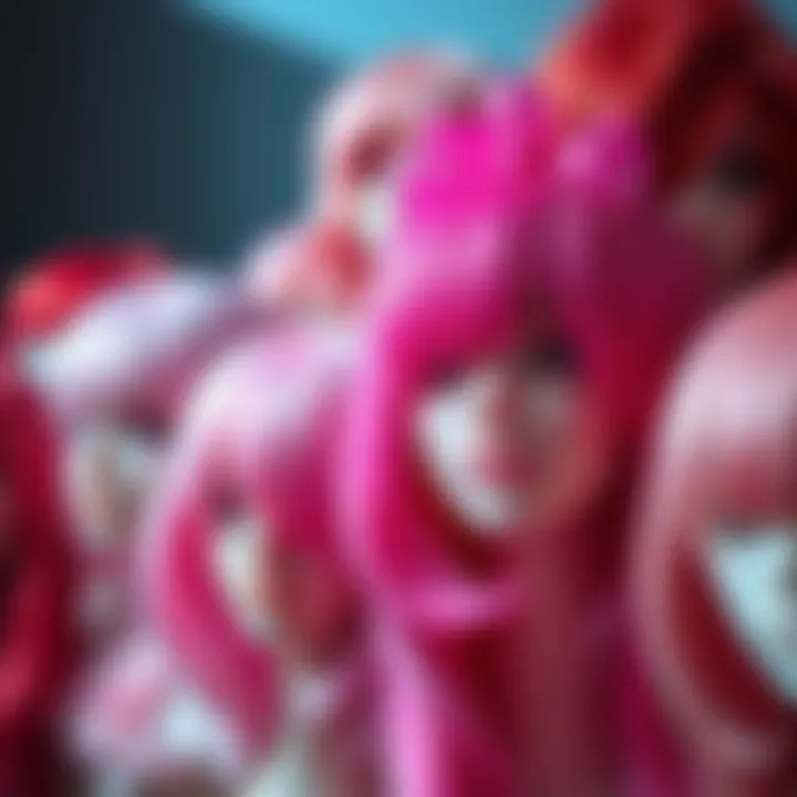 Close-up of different shades of pink wigs arranged artistically, demonstrating variety.